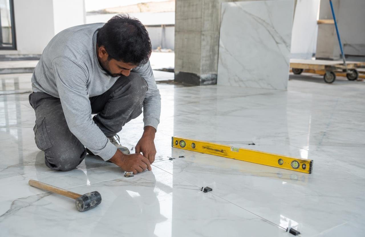Craftsman levelling large white marble floor slabs in a Dubai villa