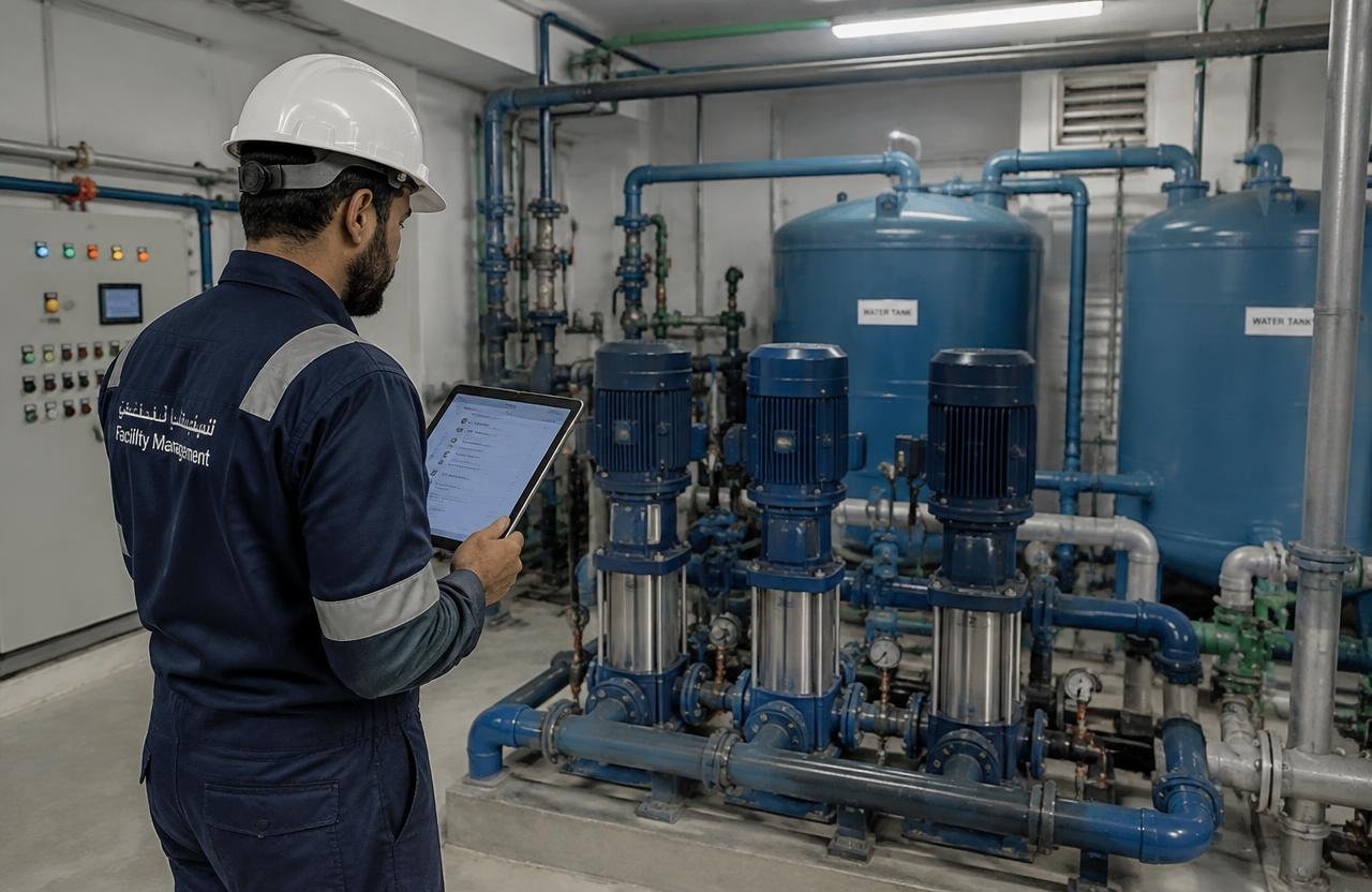 Maintenance engineer inspecting pumps and tanks in a Dubai villa plant room