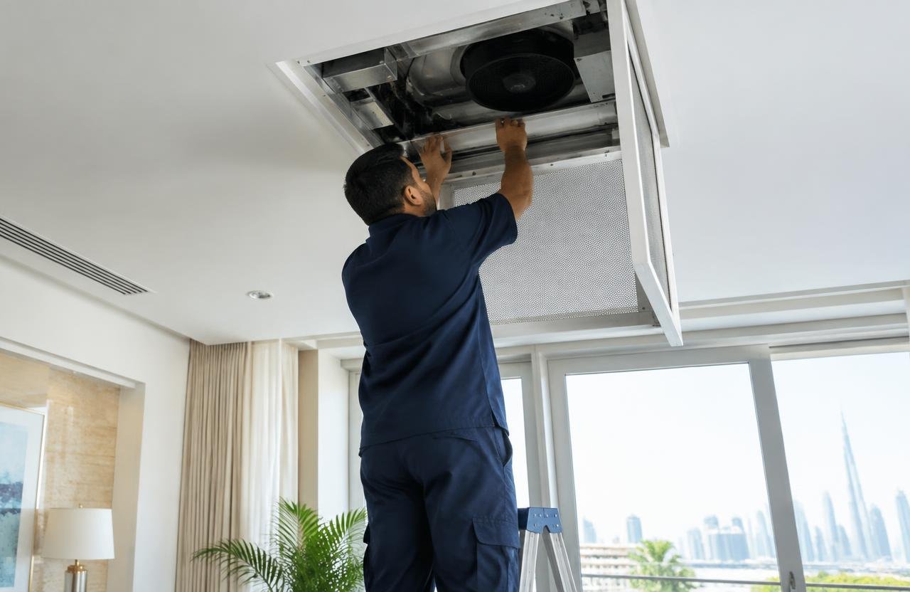 Technician servicing a ducted air conditioning unit in a Dubai villa ceiling