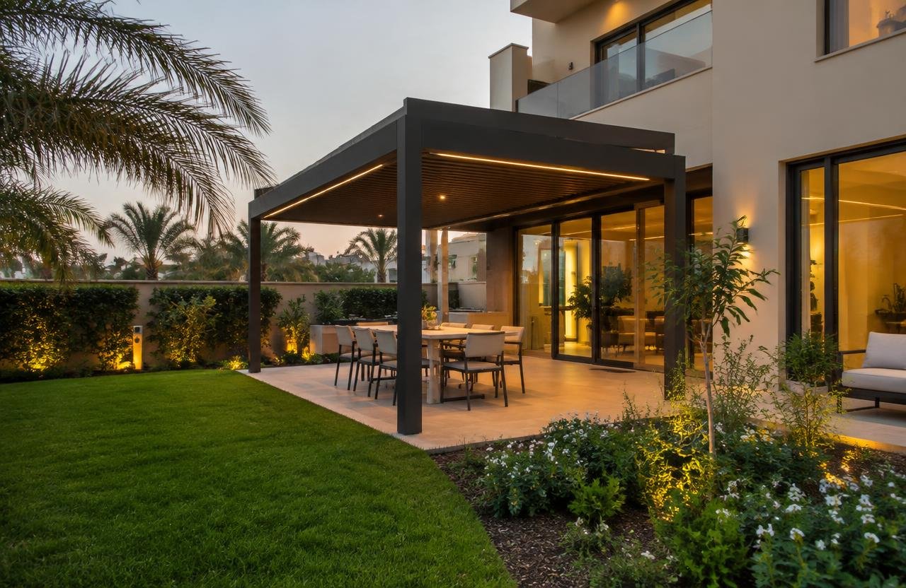 Landscaped Dubai villa garden with aluminium pergola and outdoor dining in the evening