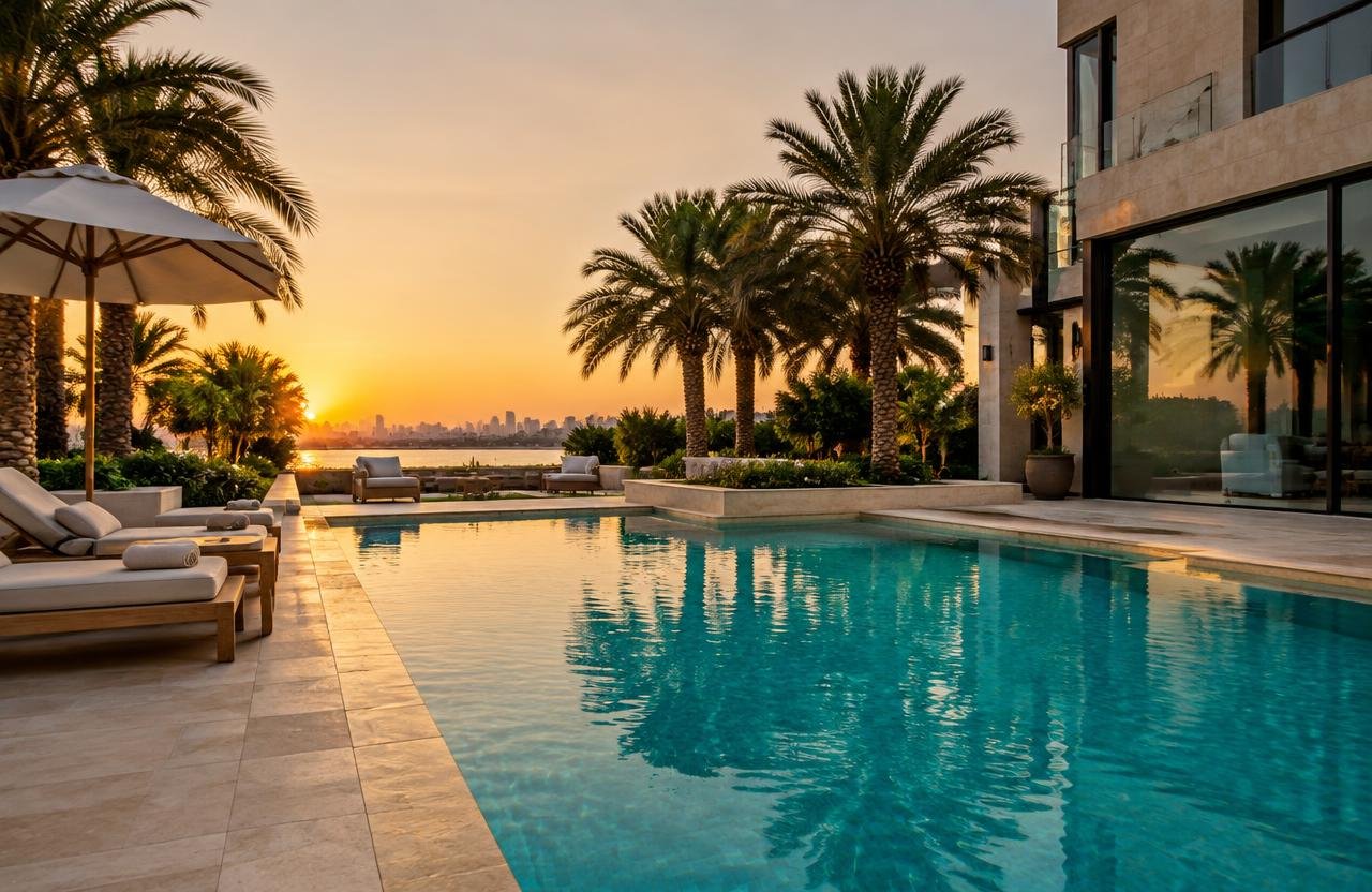 Private villa swimming pool in Dubai at sunset with travertine coping and palm trees