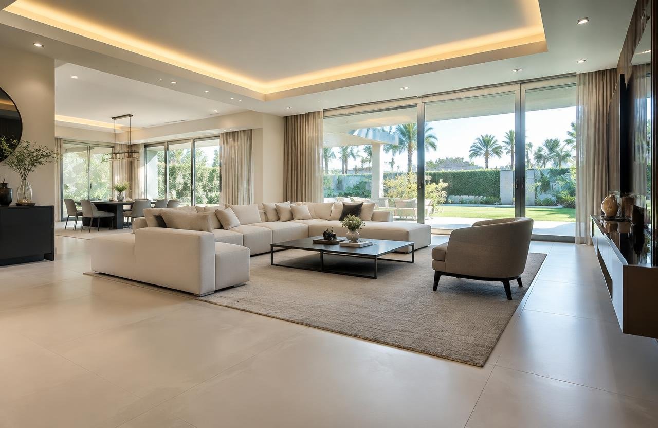Renovated open-plan villa living room in Dubai with cove-lit gypsum ceiling and garden doors